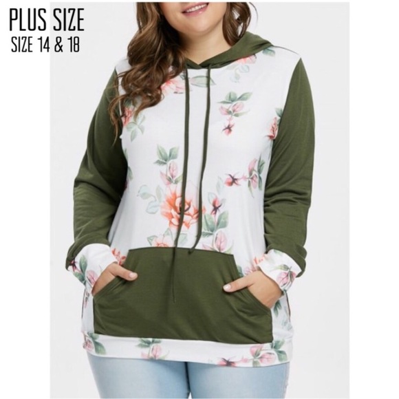 Tops - Plus Size Green/White Floral Contrast Hoodie Tops - Plus Size Green/White Floral Contrast Hoodie